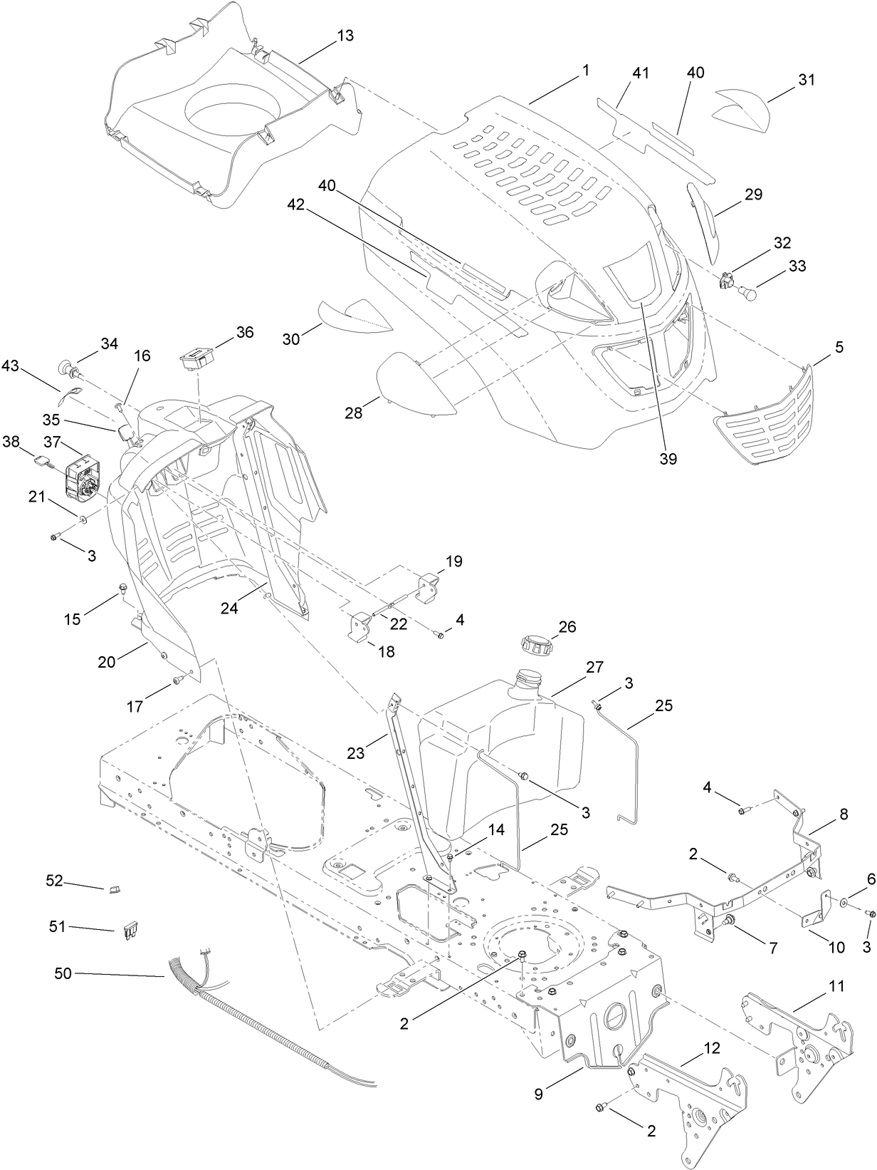Fuel Tank, Hood and Dash Assembly