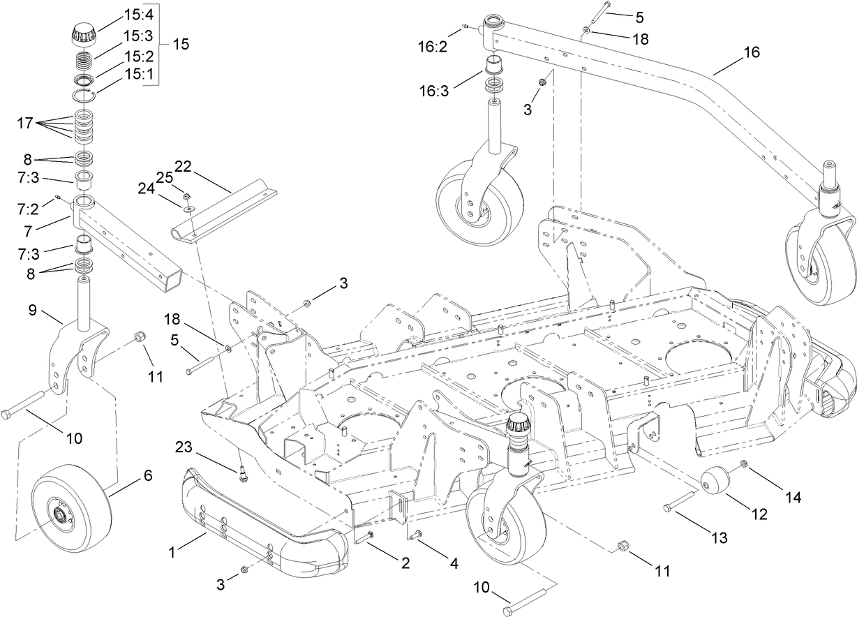 Left Deck Roller, Skid and Caster Wheel Assembly
