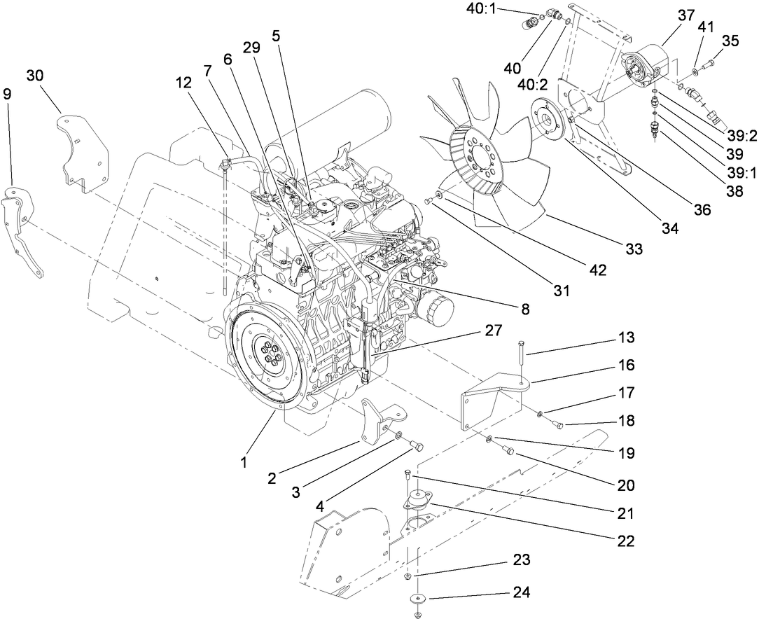 Engine Mount, Fuel Line and Fan Drive Assembly