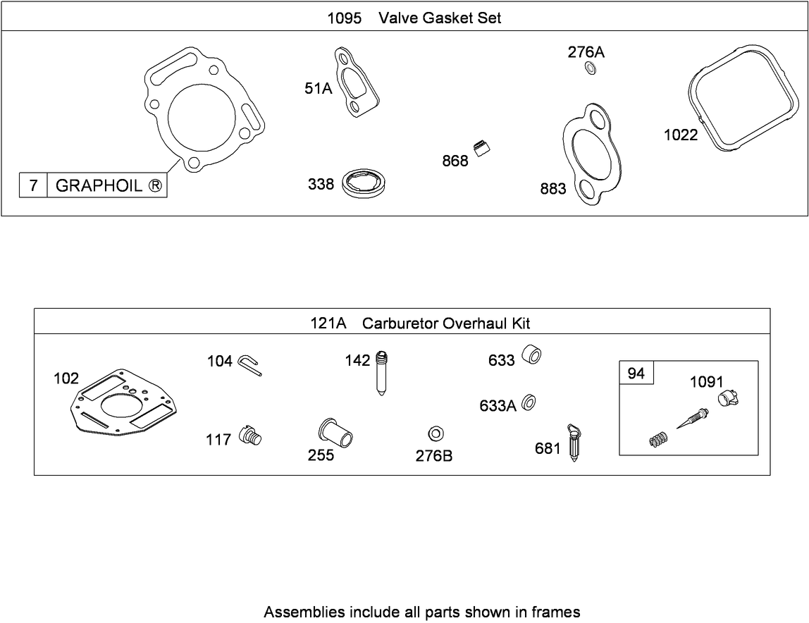 1095 Valve Gasket Set and 121A Carburetor Overhaul Kit  Briggs and Stratton 356447-0179-E2