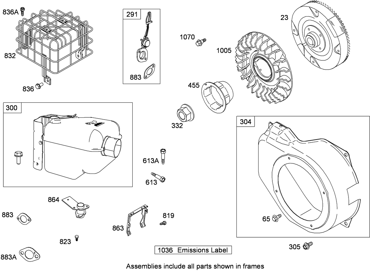 Muffler, Blower Housing and Flywheel Assembly  Briggs and Stratton 15D104-0113-E8