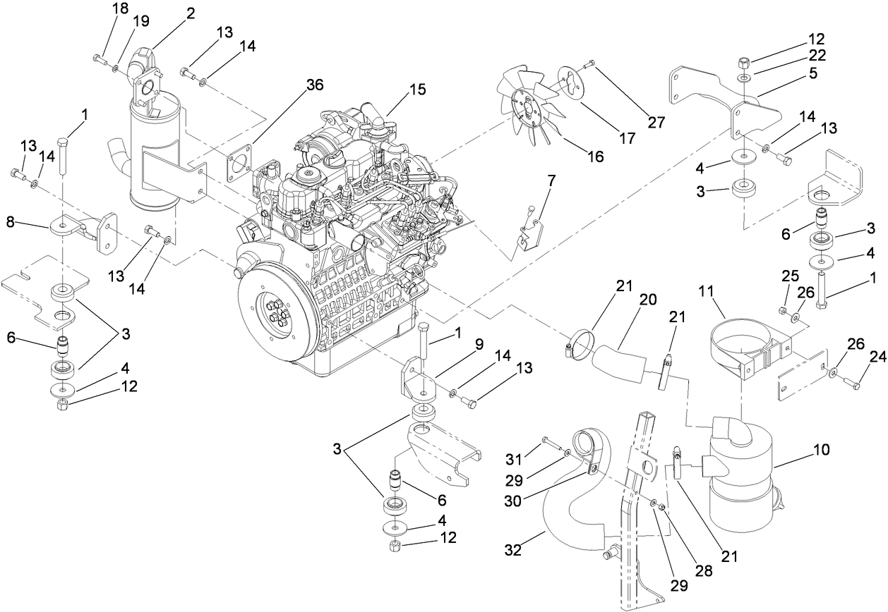 Engine, Exhaust and Air Intake Assembly