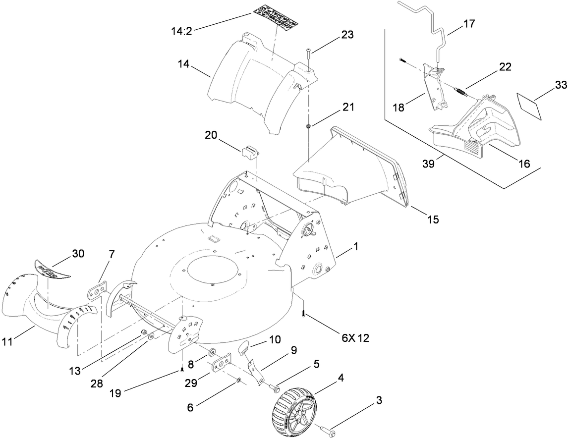 Deck Housing, Front Wheel and Rear Door Assembly