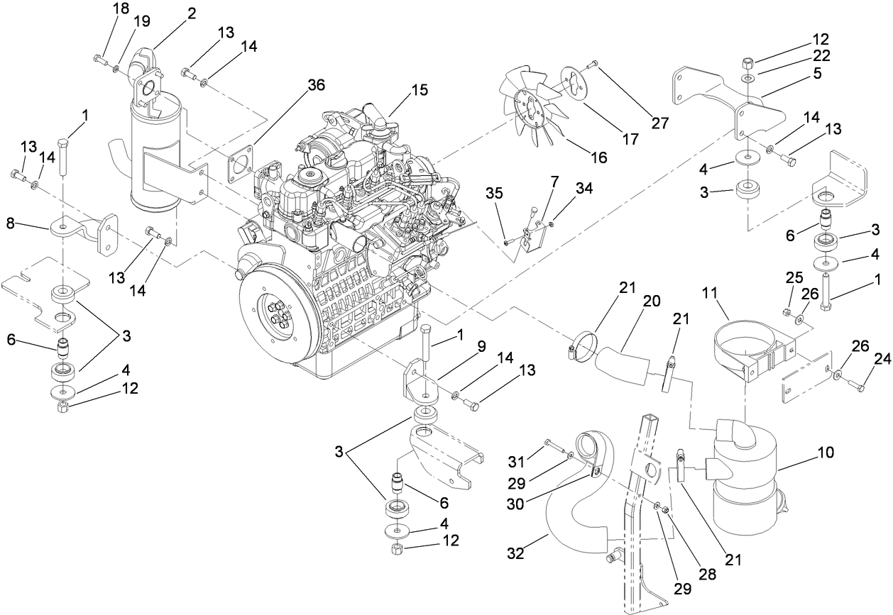 Engine, Exhaust and Air Intake Assembly