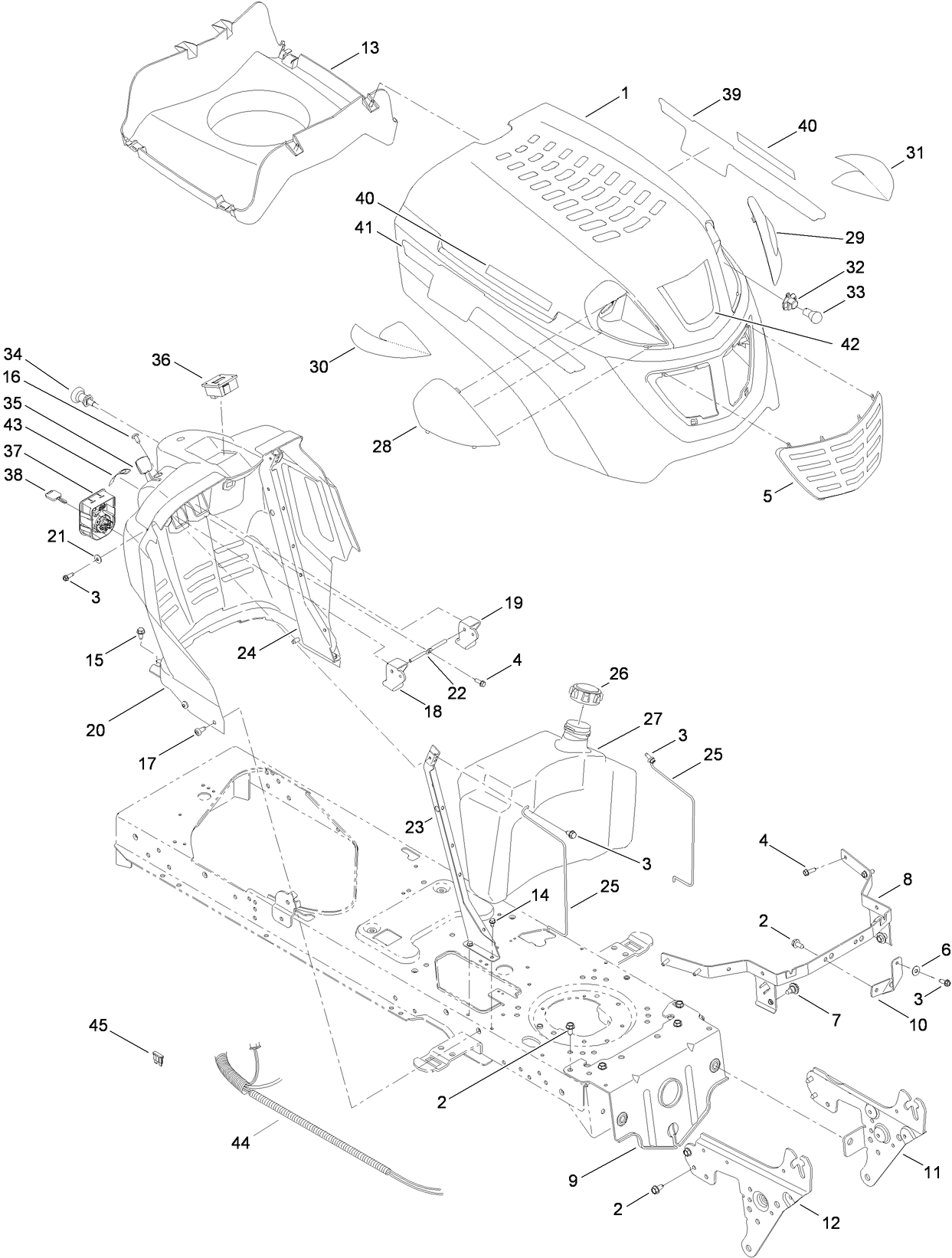 Fuel Tank, Hood and Dash Assembly