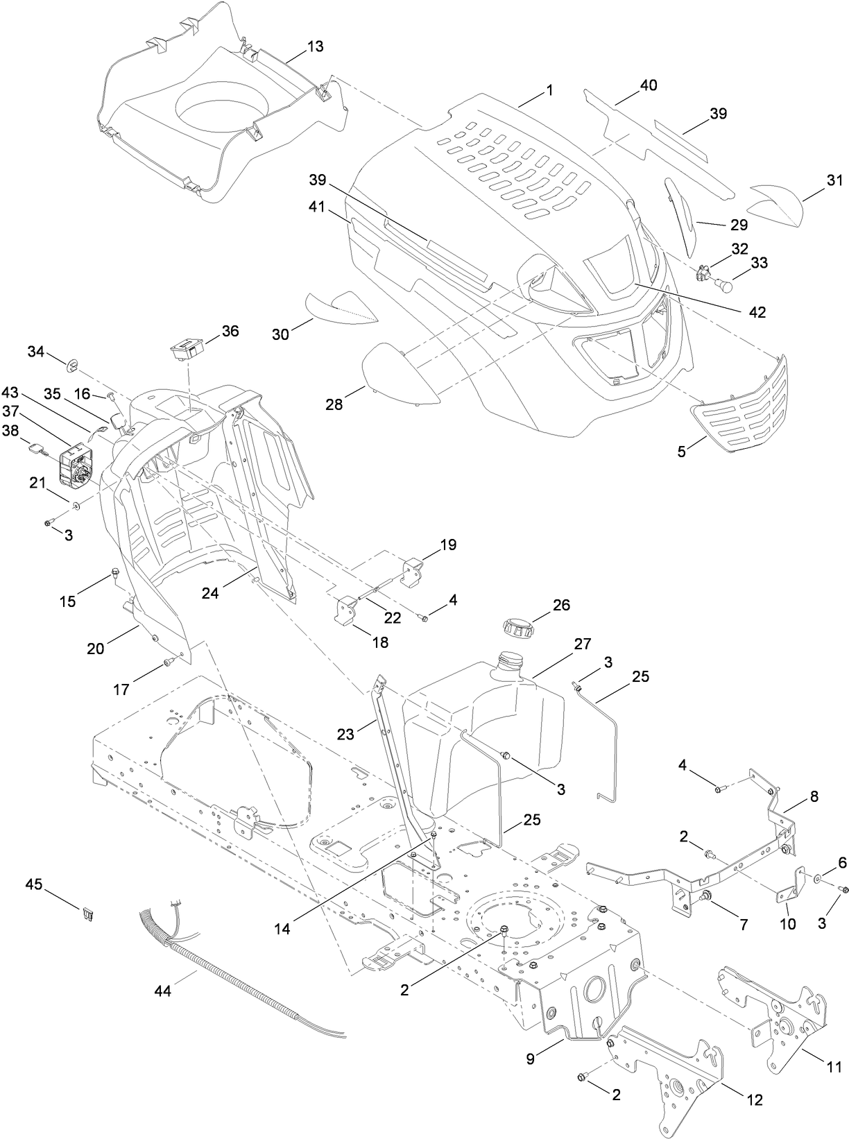 Fuel Tank, Hood and Dash Assembly