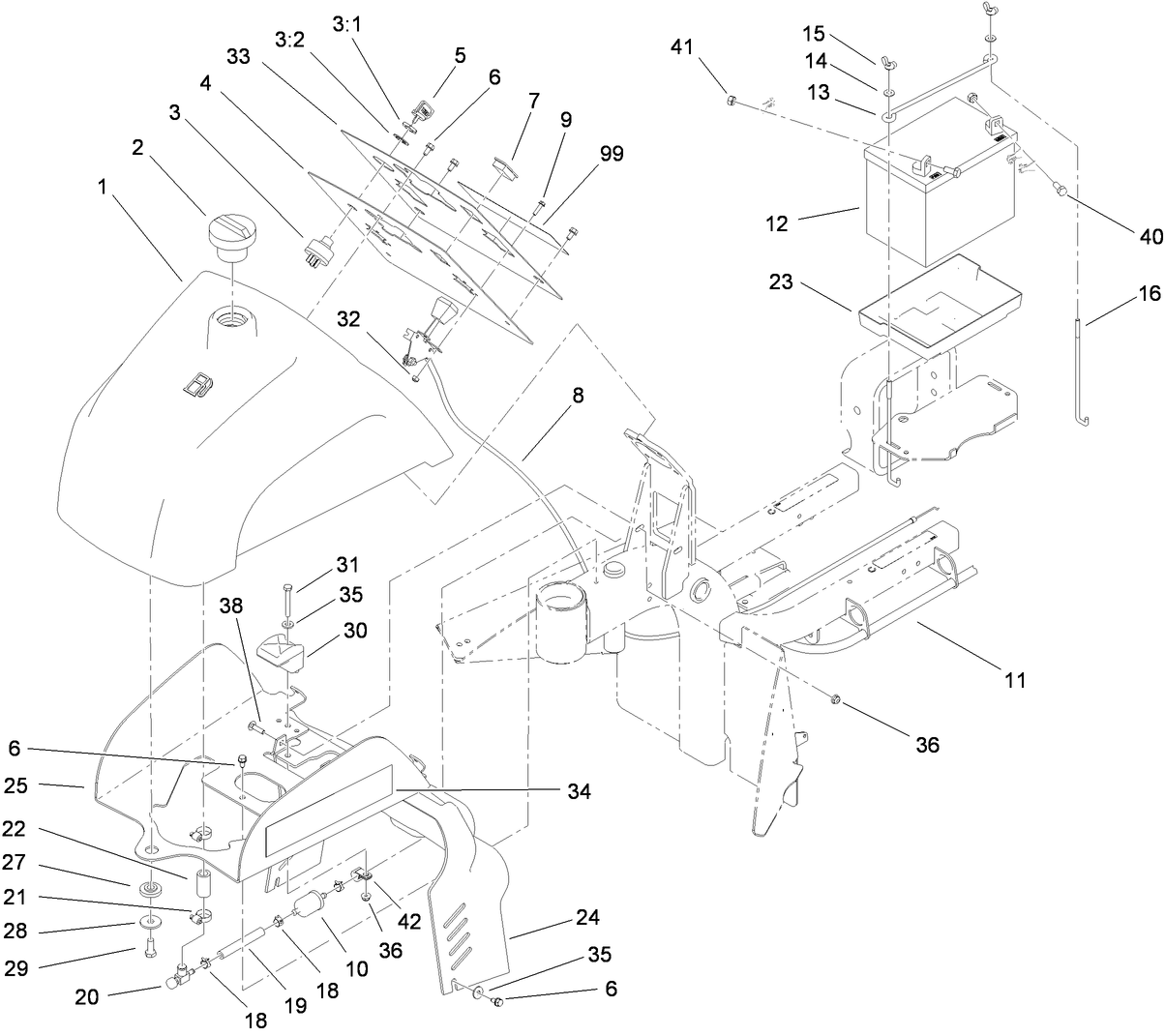 Fuel Tank and Battery Assembly