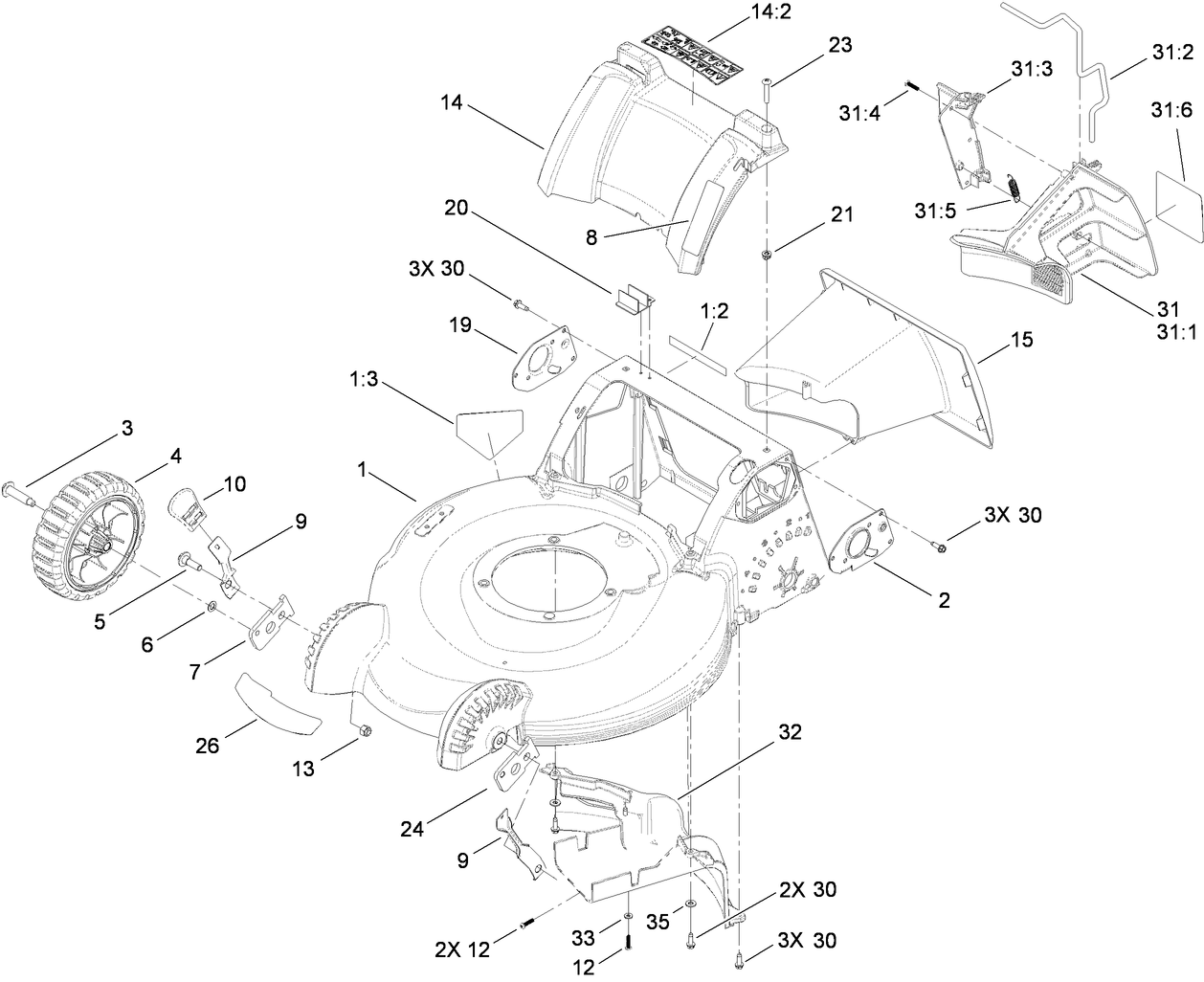 Deck Housing, Front Wheel and Mulch Plug Assembly