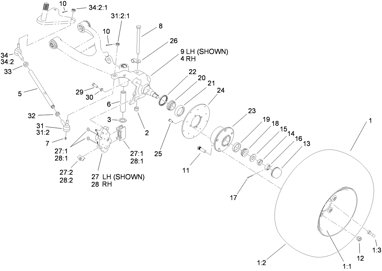 Front Tire, Spindle and Tie Rod Assembly