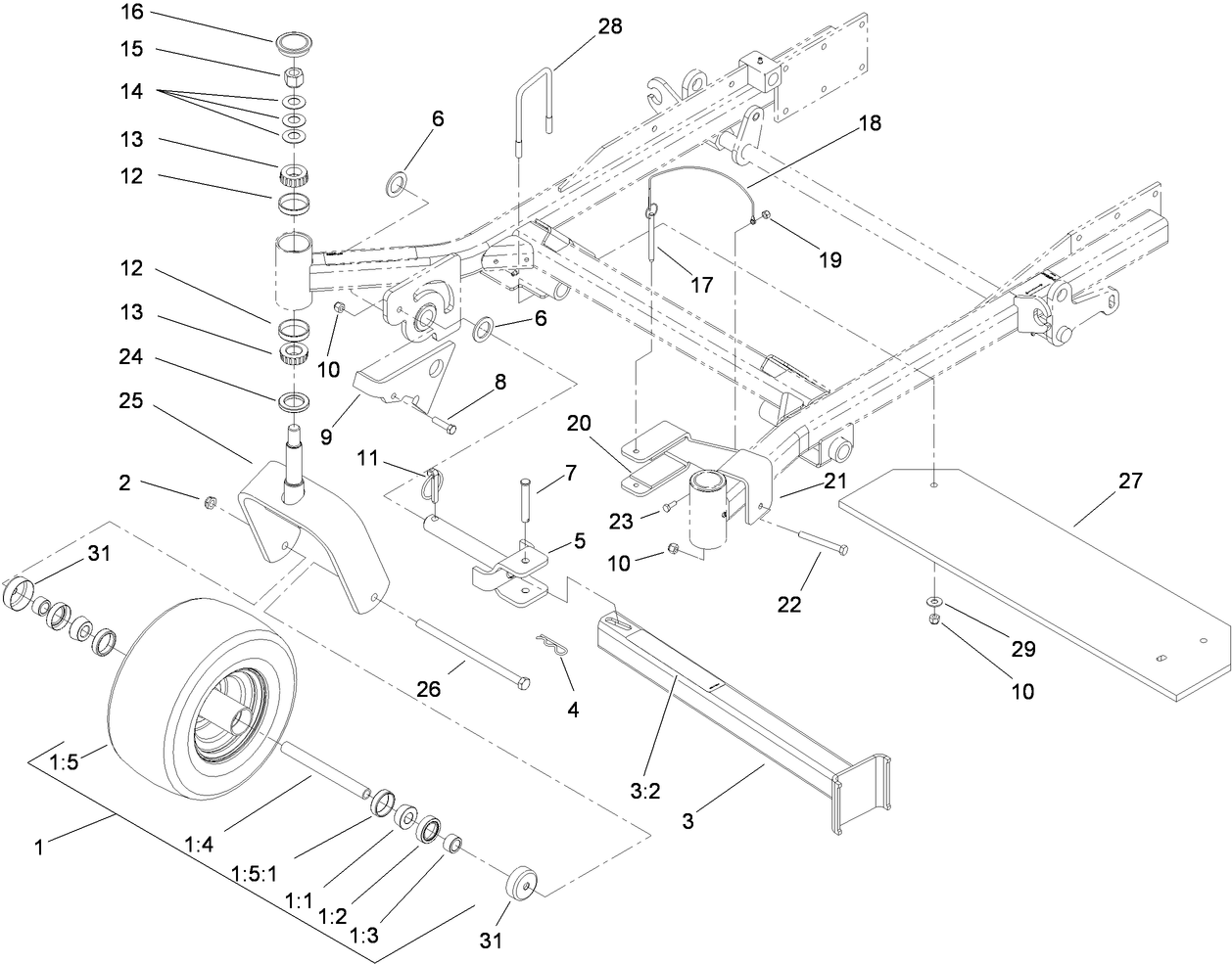 Fork, Caster Wheel and Z Stand Assembly
