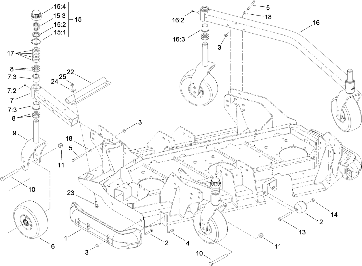 Left Deck Roller, Skid and Caster Wheel Assembly