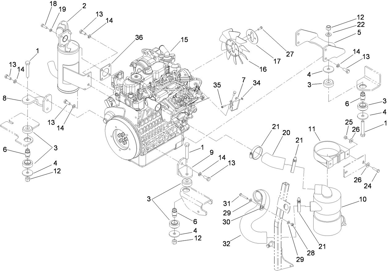 Engine, Exhaust and Air Intake Assembly