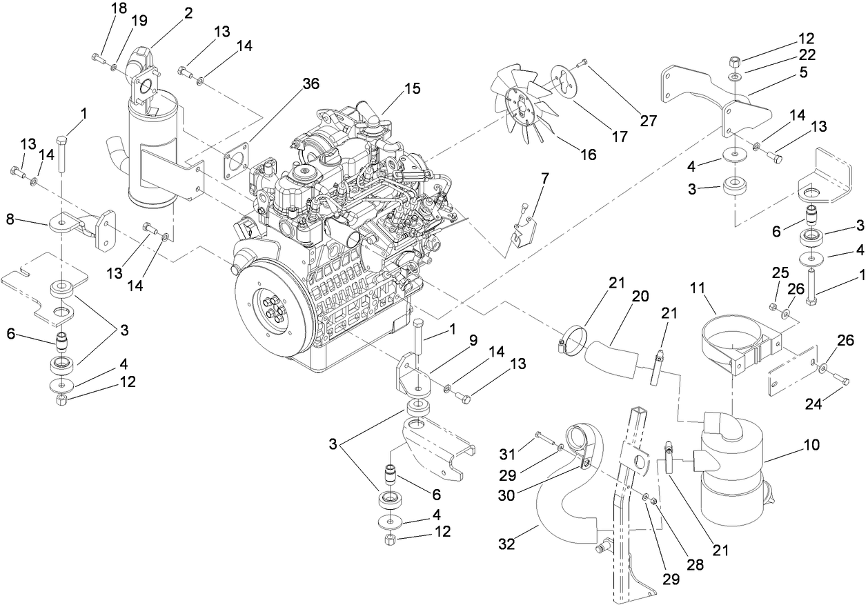 Engine, Exhaust and Air Intake Assembly