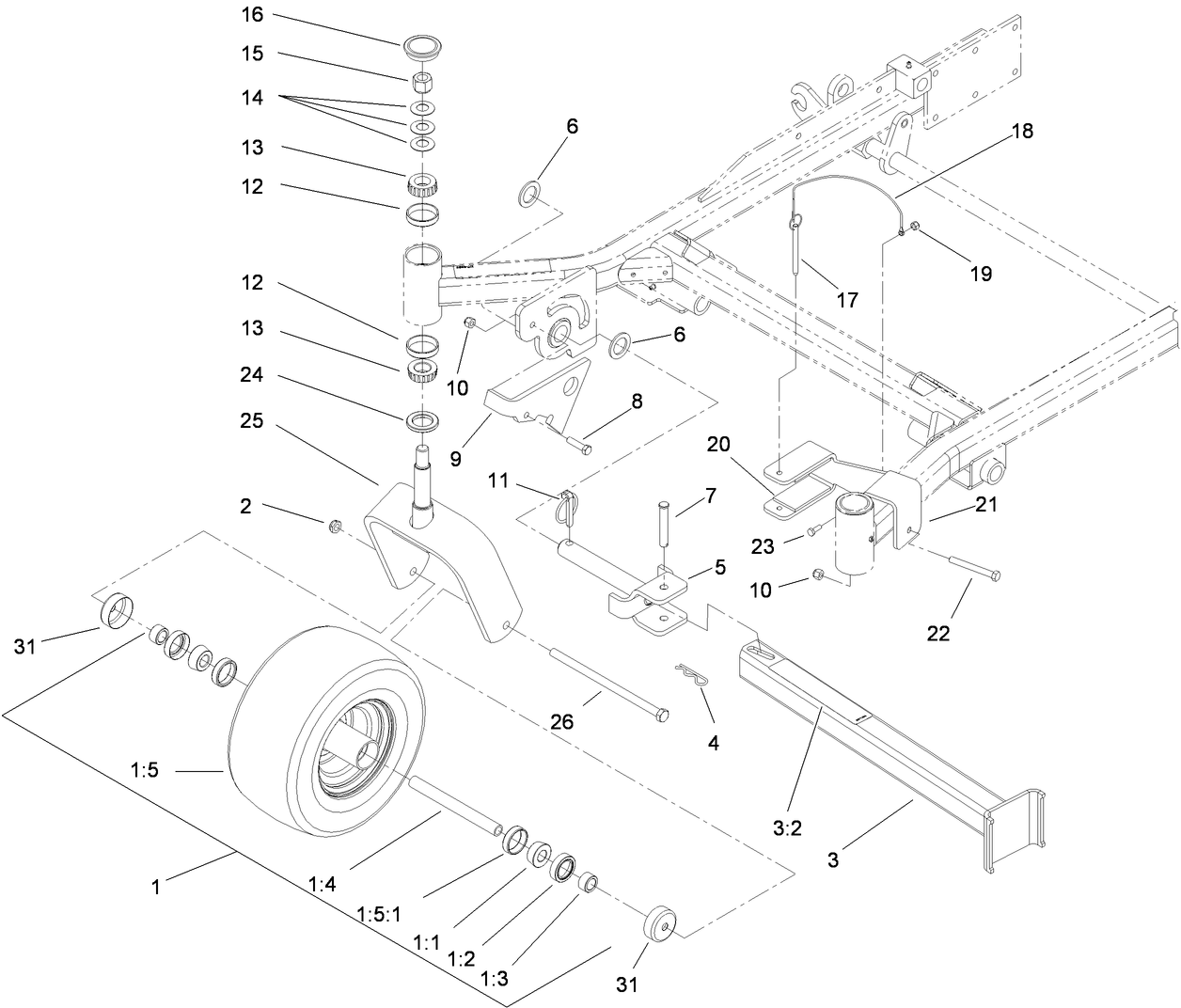 Fork, Caster Wheel and Z Stand Assembly