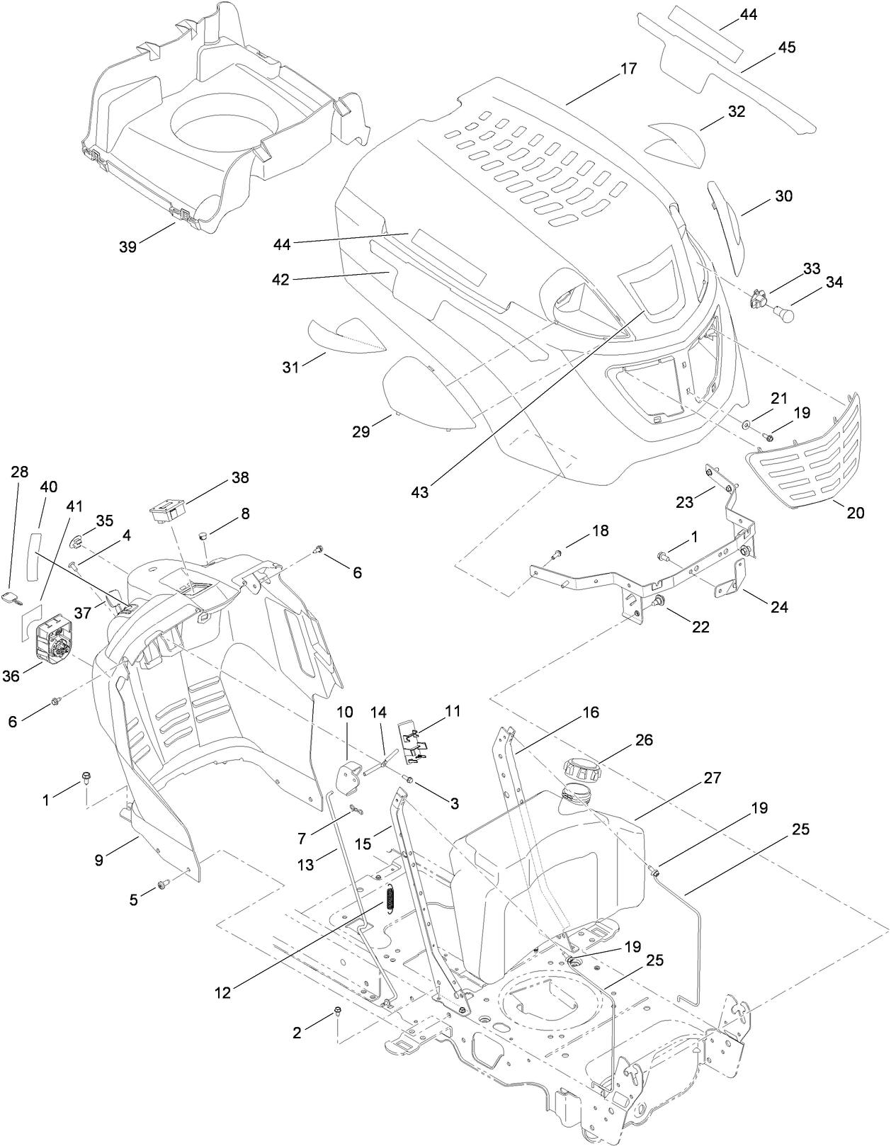 Fuel Tank, Hood and Dash Assembly