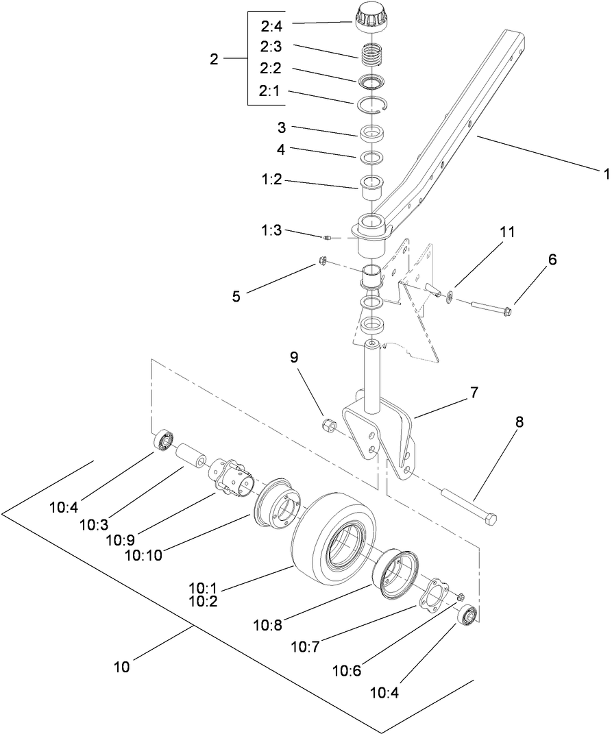 Front Deck Castor Arm and Tire Assembly