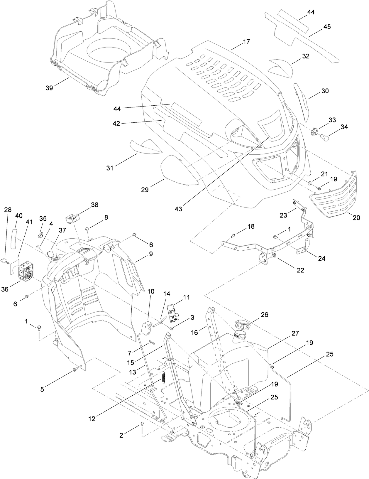 Fuel Tank, Hood and Dash Assembly