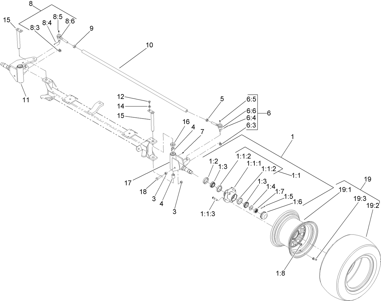Front Wheel, Tie Rod and Spindle Assembly