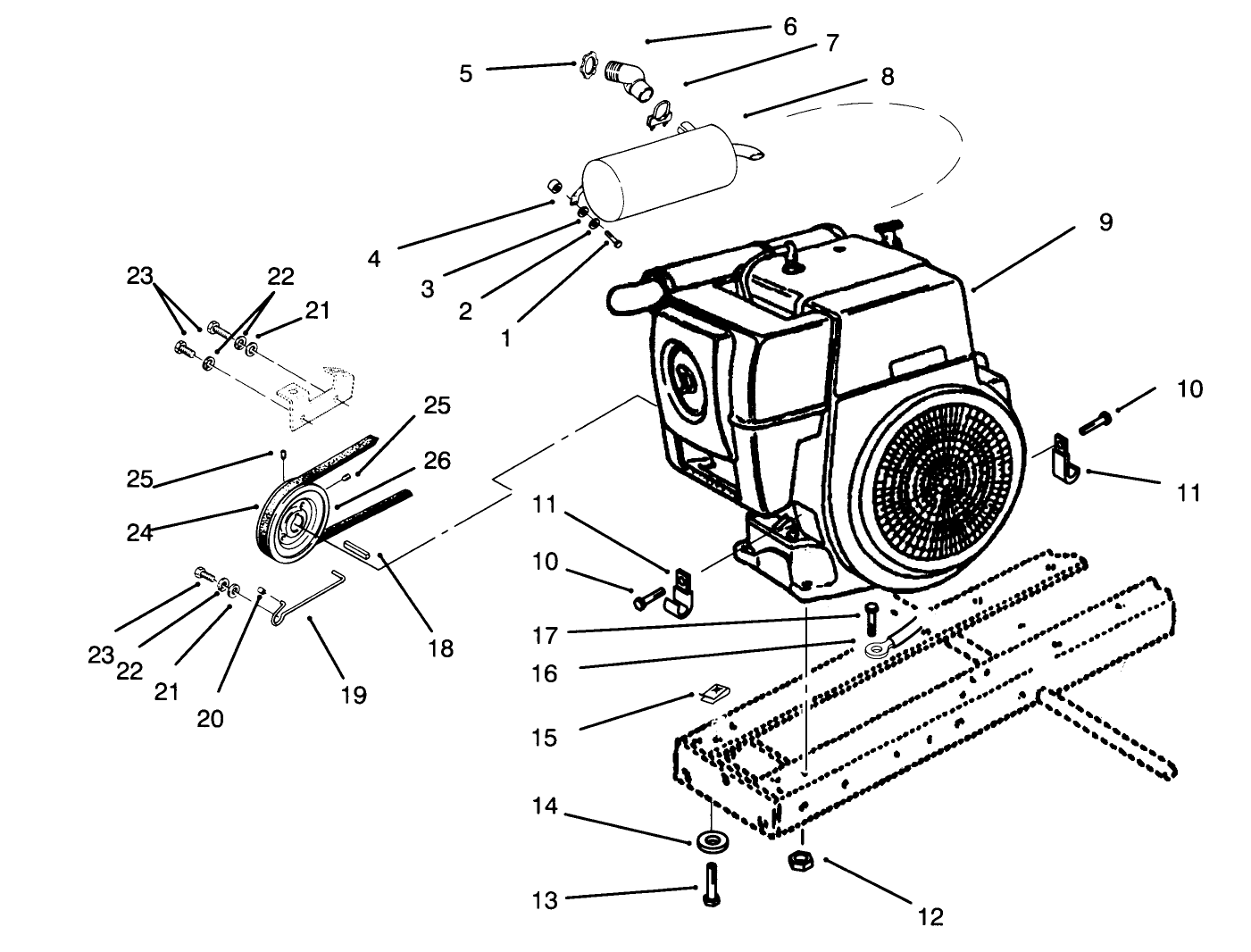 Engine, Muffler, Pulley & Drive Belt