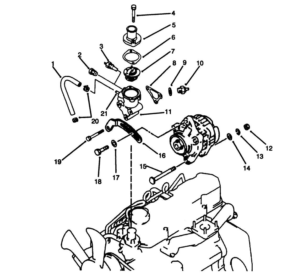 Thermostat And Alternator Mount Assembly