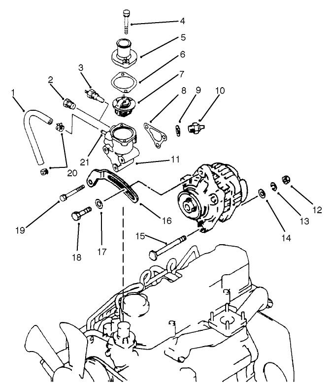 THERMOSTAT AND ALTERNATOR MOUNT ASSEMBLY