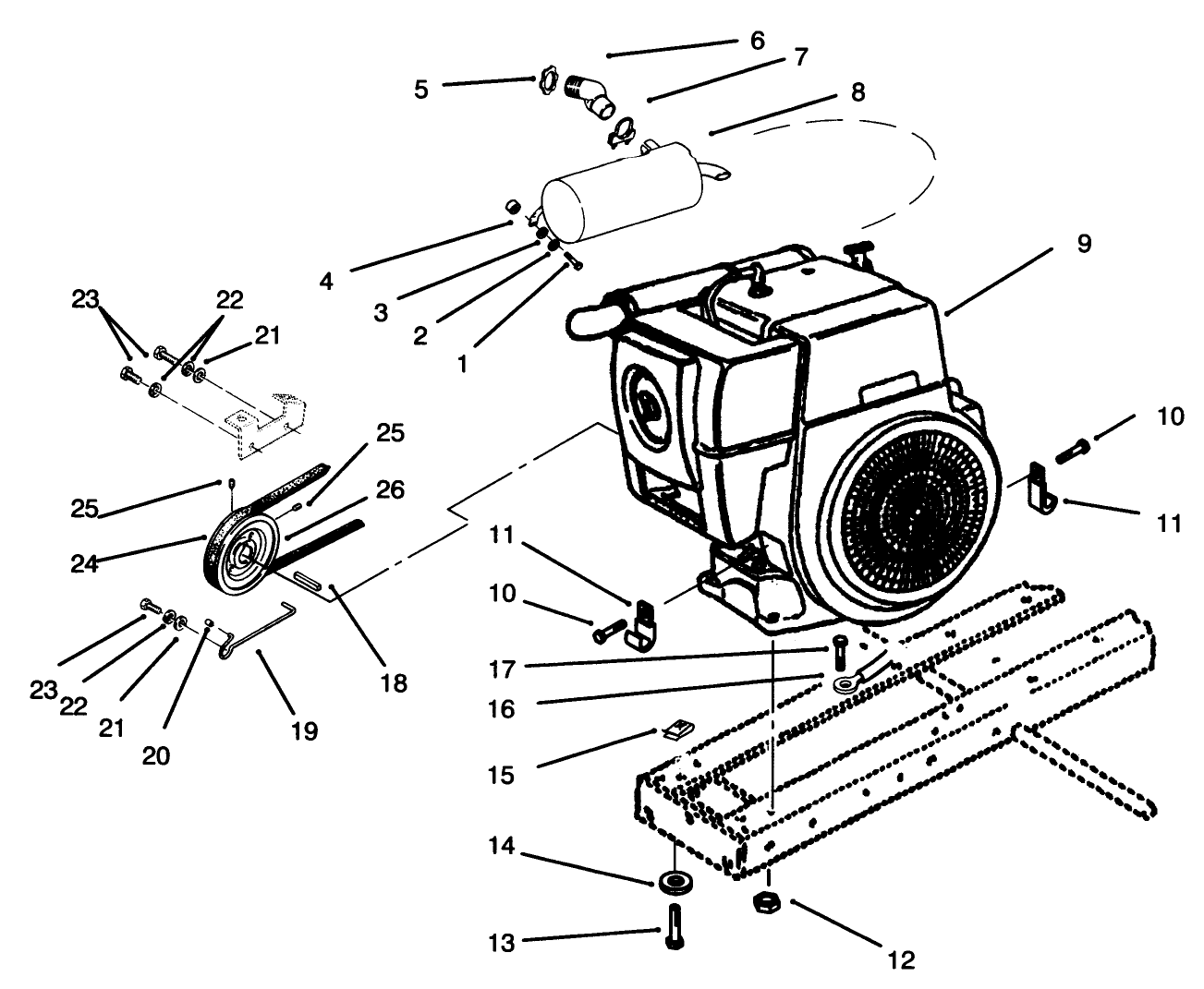 Engine, Muffler, Pulley & Drive Belt
