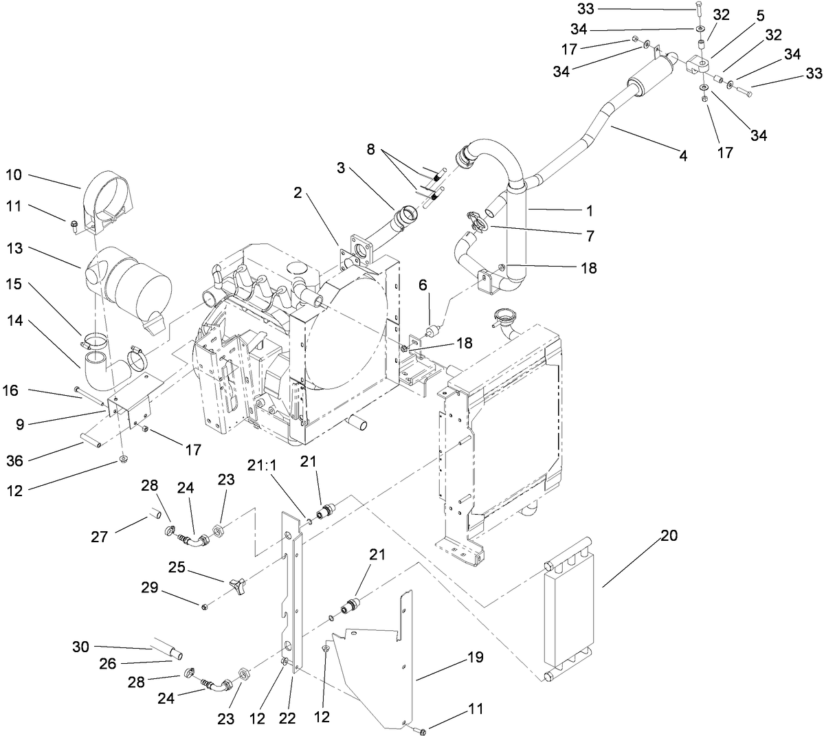Muffler, Air Cleaner and Oil Cooler Assembly