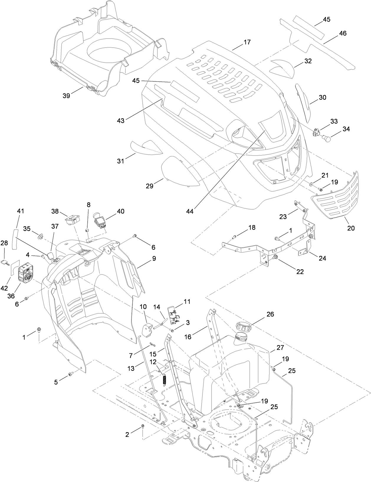 Fuel Tank, Hood and Dash Assembly