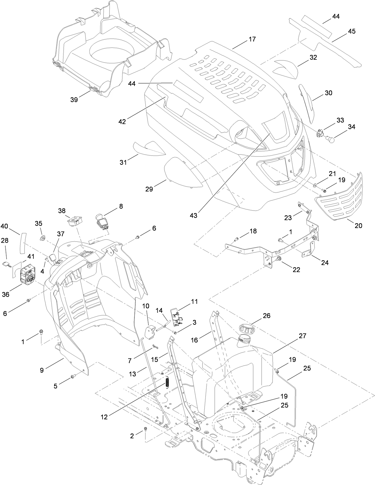 Fuel Tank, Hood and Dash Assembly