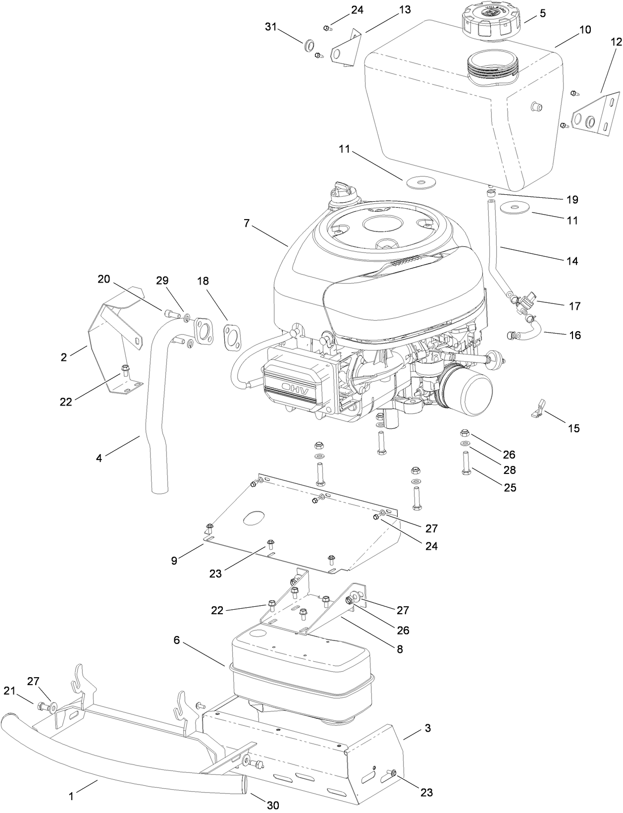 Engine, Muffler and Fuel Tank Assembly