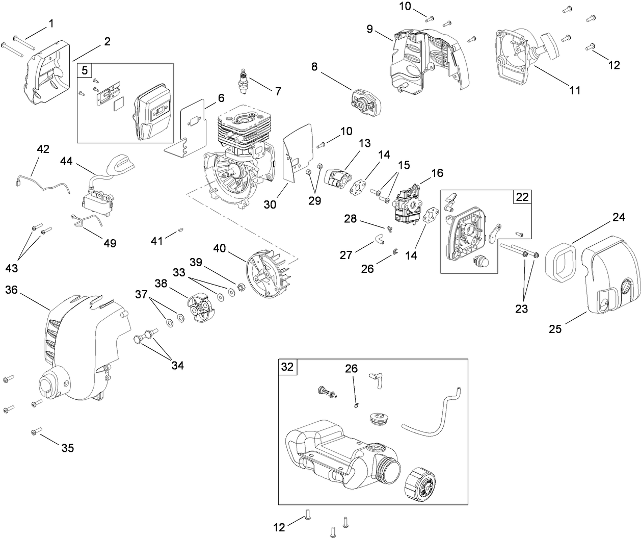 Muffler, Carburator, Fuel Tank and Housing Assembly