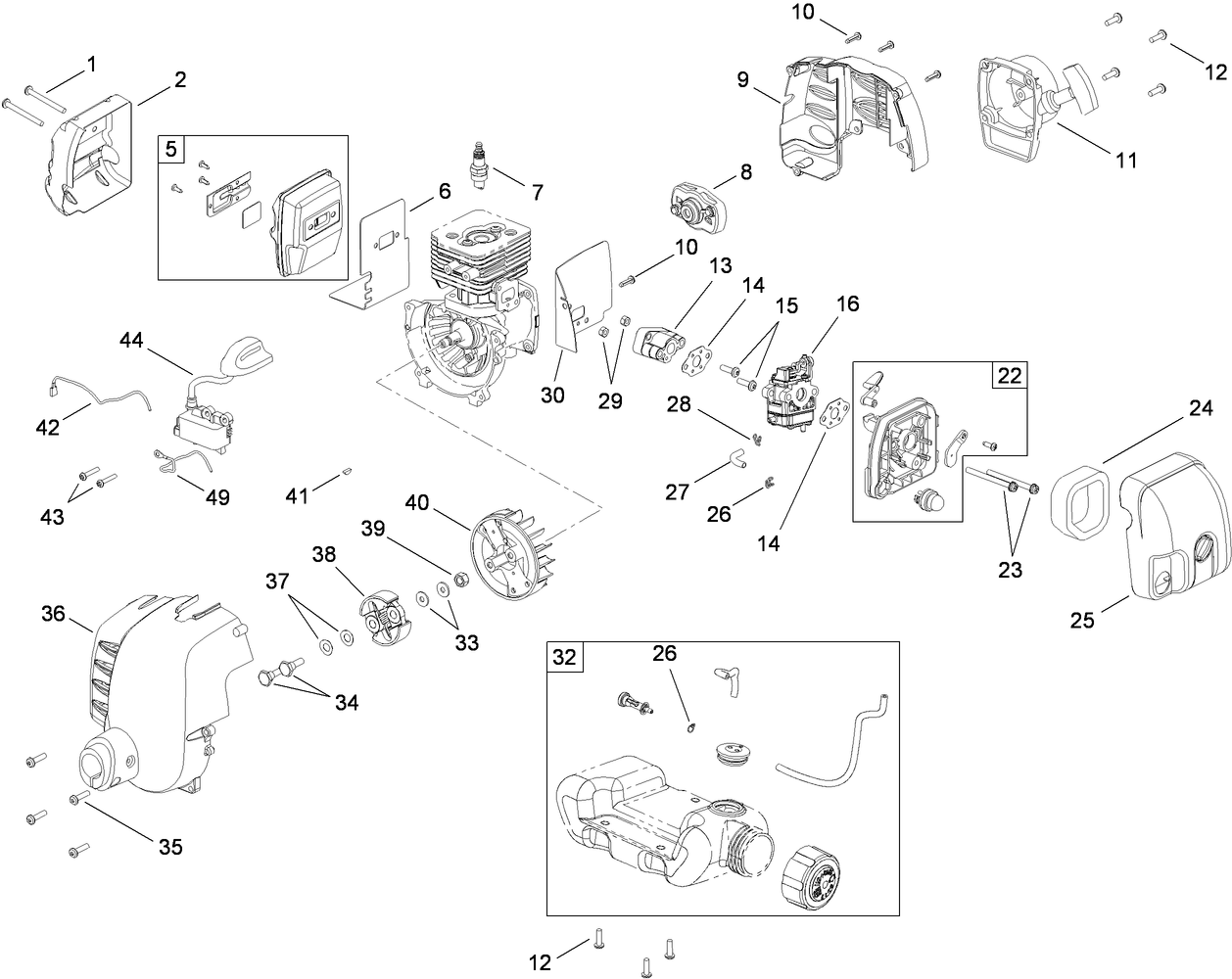 Muffler, Carburator and Fuel Tank and Housing Assembly