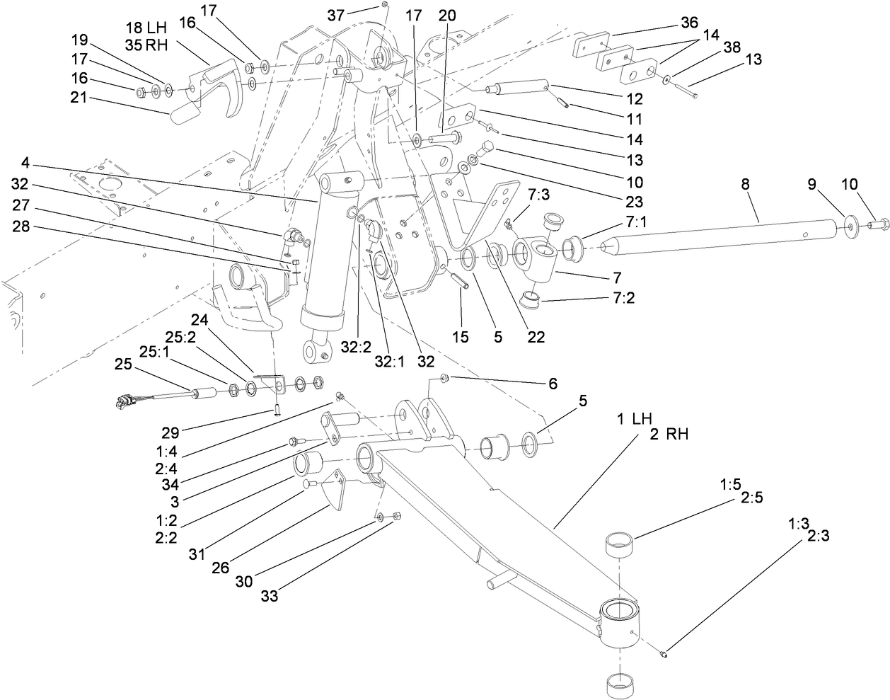 Side Deck Lift Arm, Cylinder and Latch Assembly