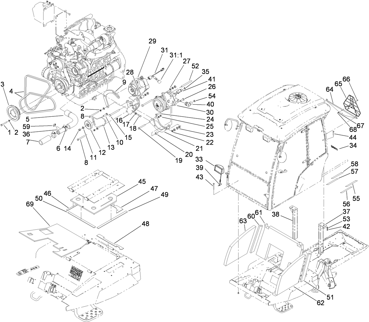Cab Installation, Alternator and Compressor Assembly