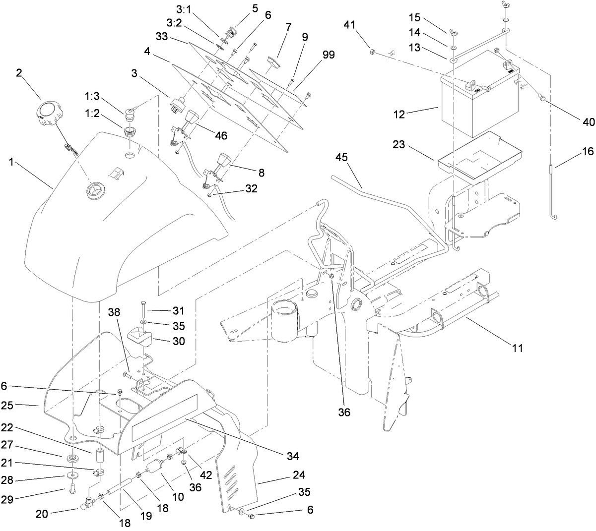 Fuel Tank and Battery Assembly