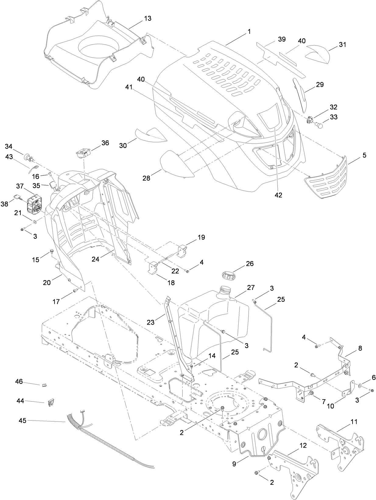 Fuel Tank, Hood and Dash Assembly