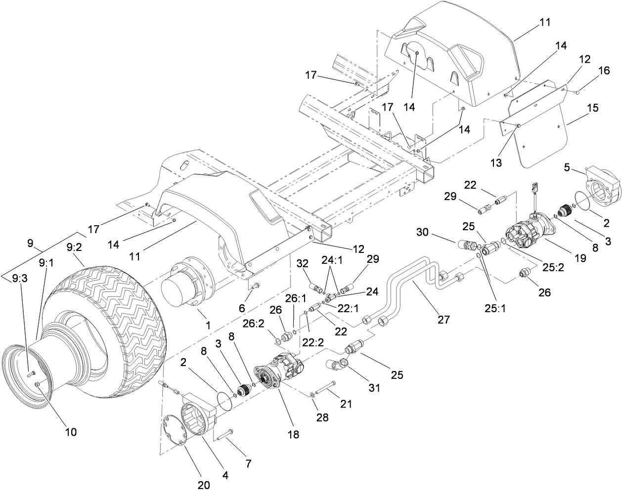 Rear Wheel, Fender and Motor Assembly