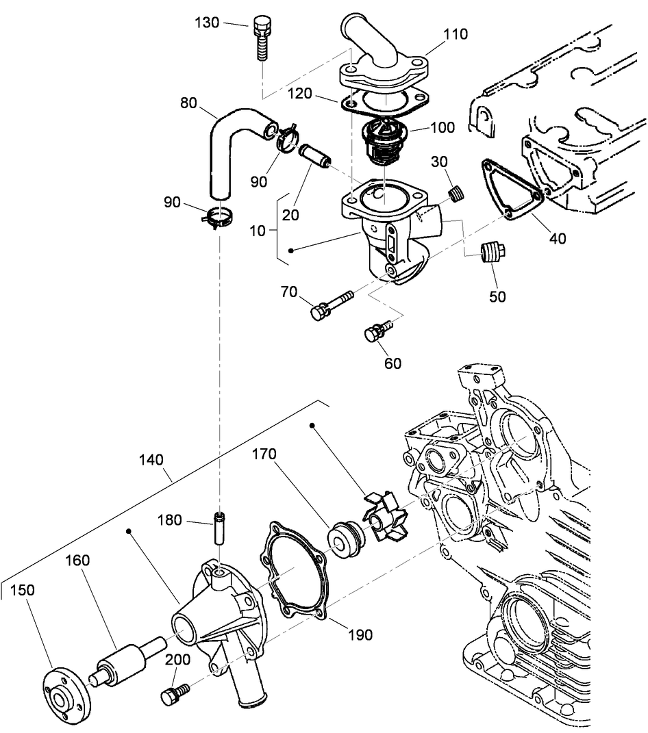 Water Flange, Thermostat and Water Pump Assembly