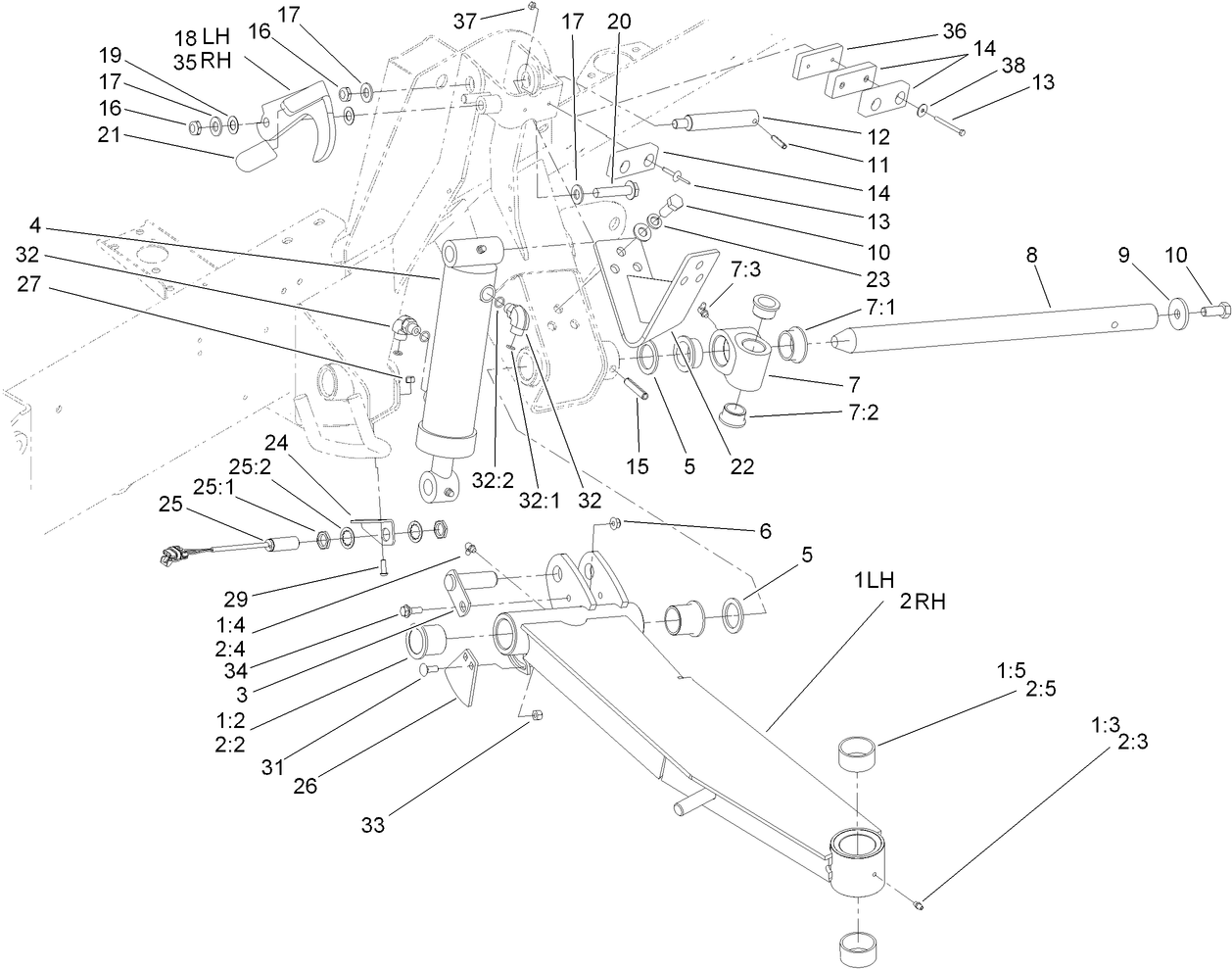 Side Deck Lift Arm, Cylinder and Latch Assembly