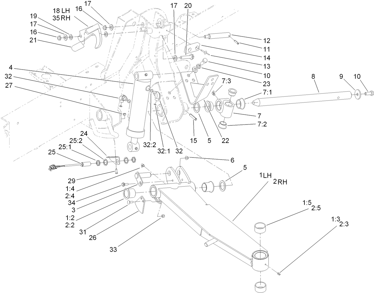 Side Deck Lift Arm, Cylinder and Latch Assembly