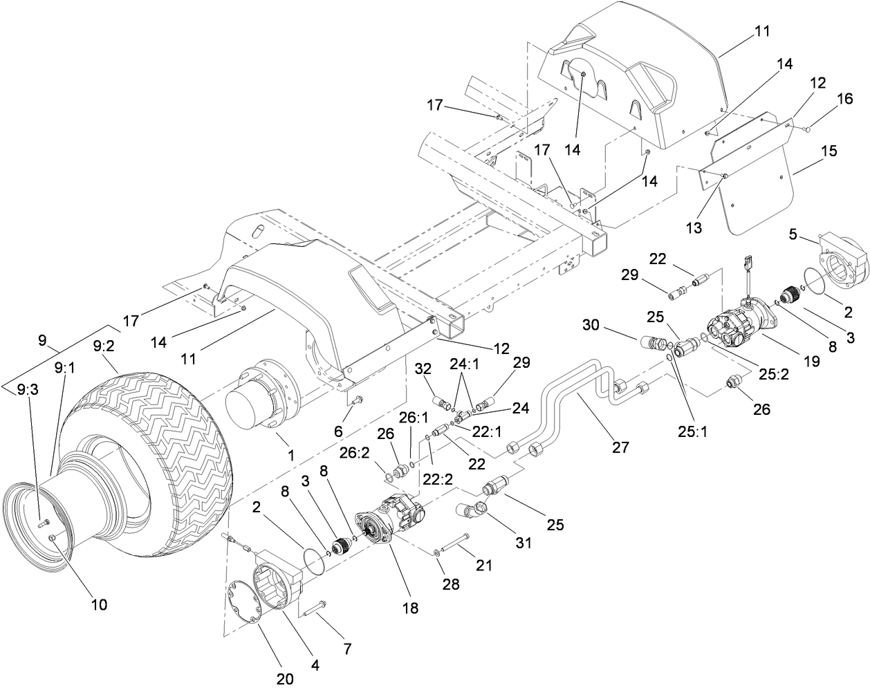 Rear Wheel, Fender and Motor Assembly