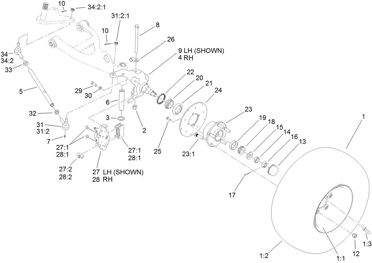 Front Tire, Spindle and Tie Rod Assembly