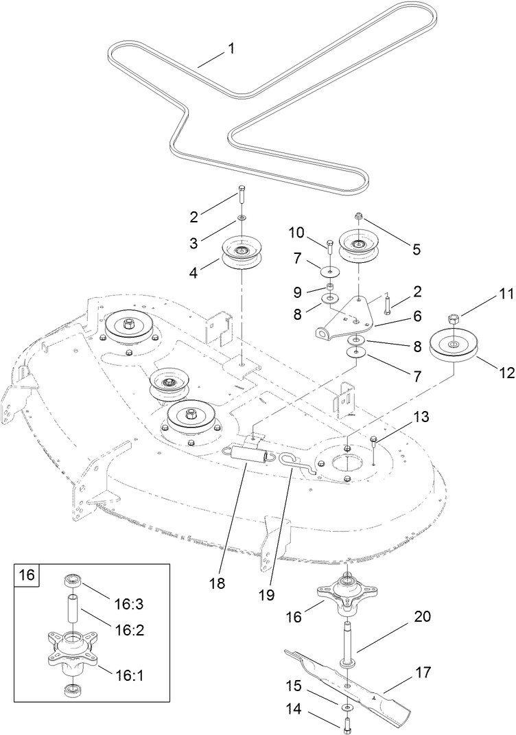 50 Inch Deck Belt, Spindle and Hi-Lift Blade Assembly