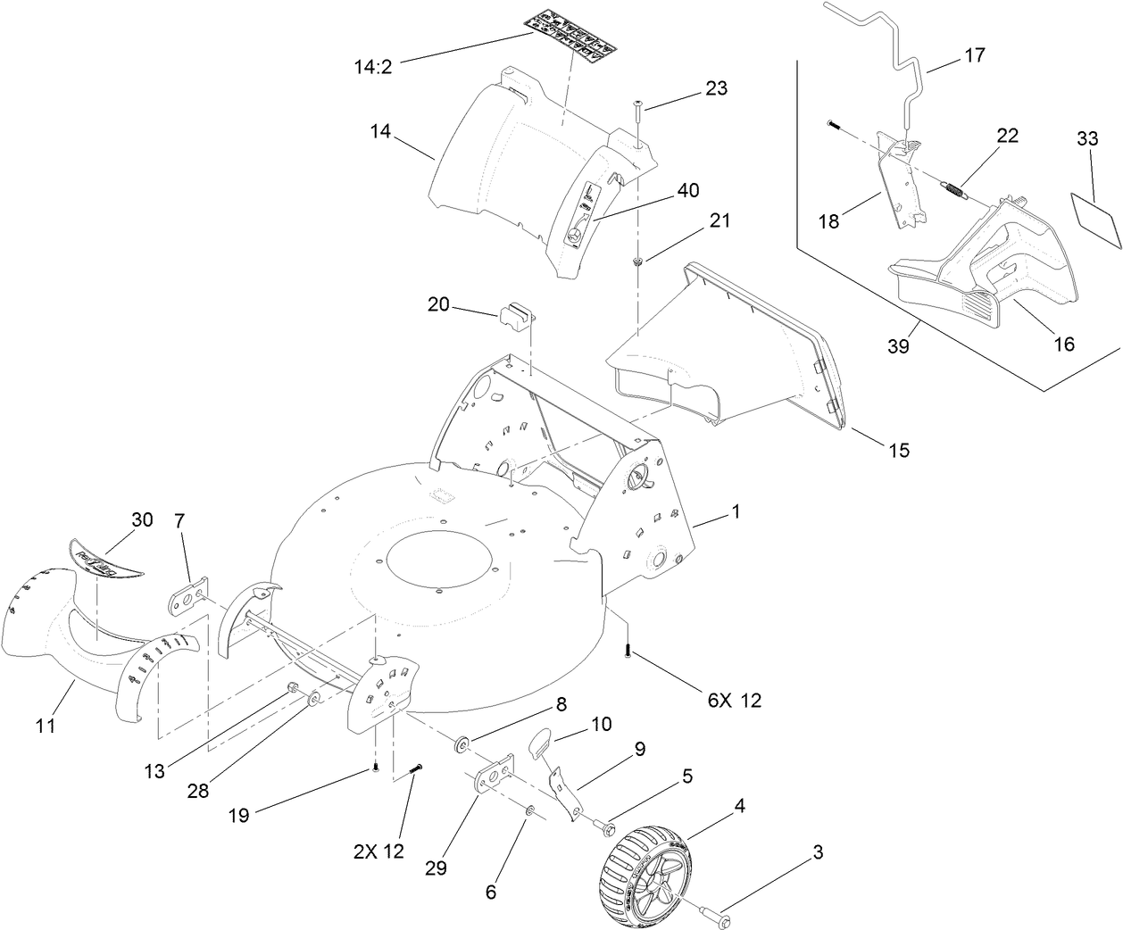 Deck Housing, Front Wheel and Rear Door Assembly