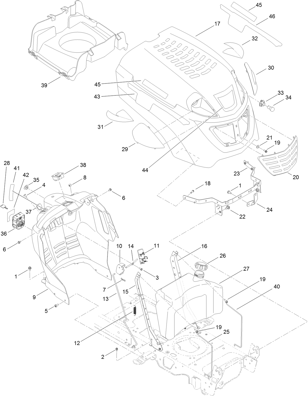 Fuel Tank, Hood and Dash Assembly