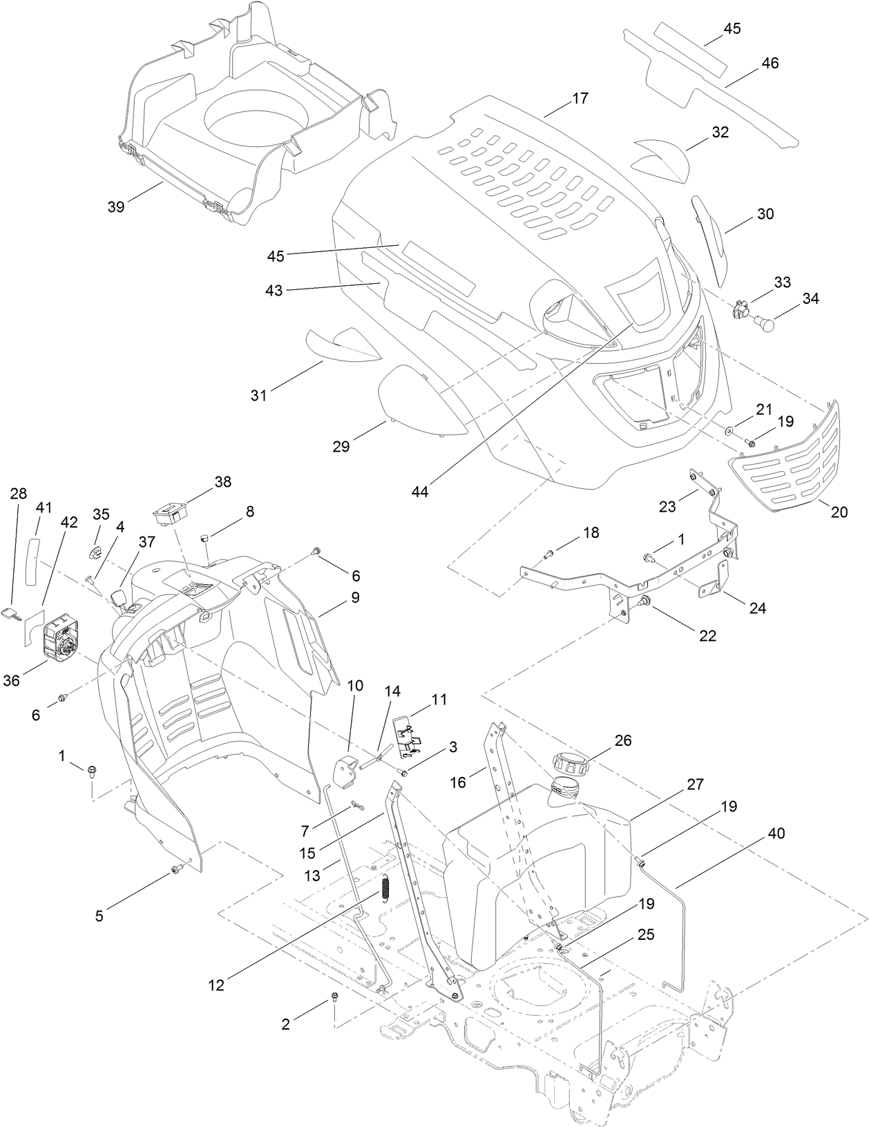 Fuel Tank, Hood and Dash Assembly