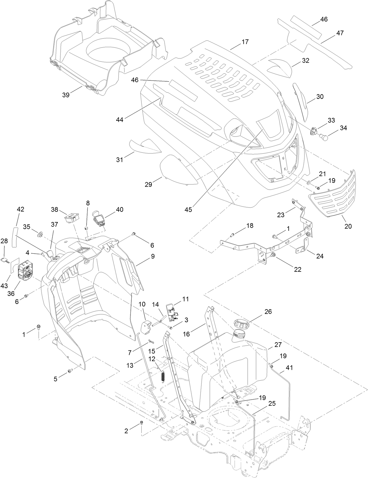 Fuel Tank, Hood and Dash Assembly