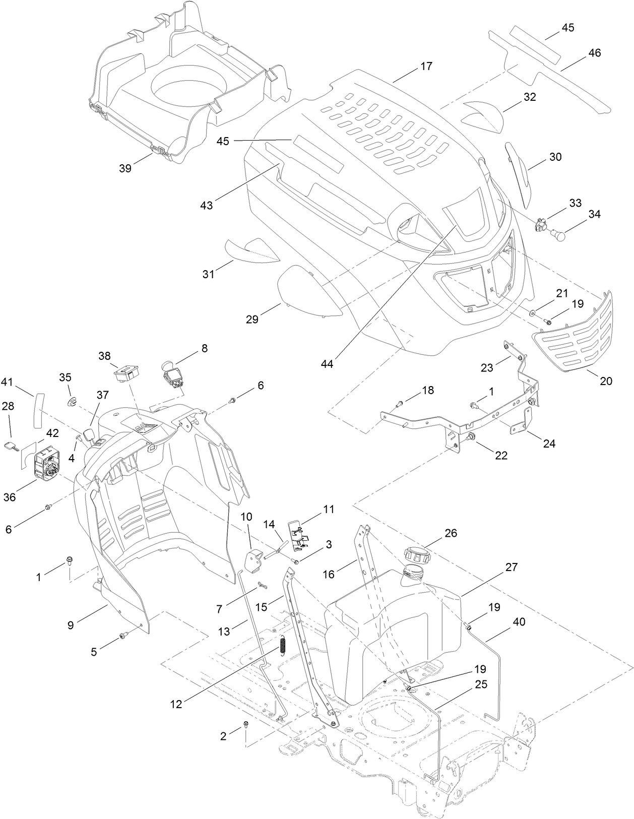 Fuel Tank, Hood and Dash Assembly