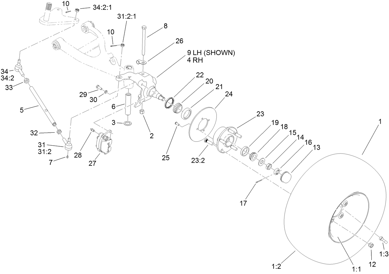 Front Tire, Spindle and Tie Rod Assembly