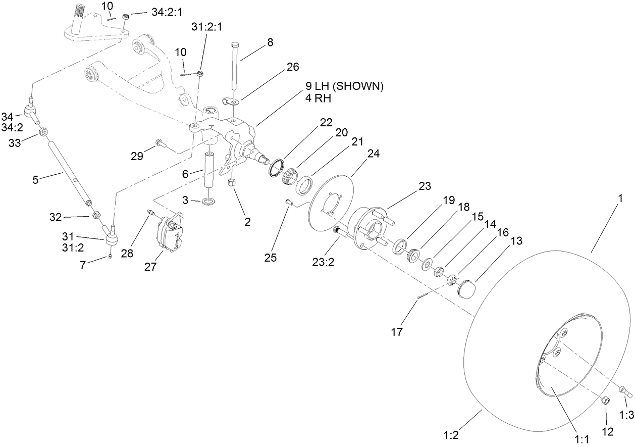 Front Tire, Spindle and Tie Rod Assembly